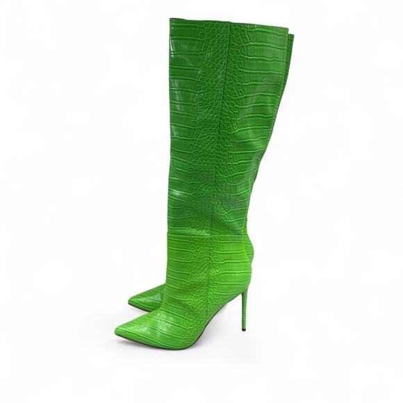 Steve Madden Women Sz 11 Idina Croc Embossed Pointed Toe Knee-High Boots Green - Picture 5 of 9